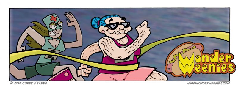 Wonder Weenies :: Wow... E.M.T. just can't catch a break, can she? Talk about your upsets... you go Blue Haired old lady! I hope you enjoyed the Olympic nods... we'll return to regular comics next week. Until then, enjoy the rest of the games!