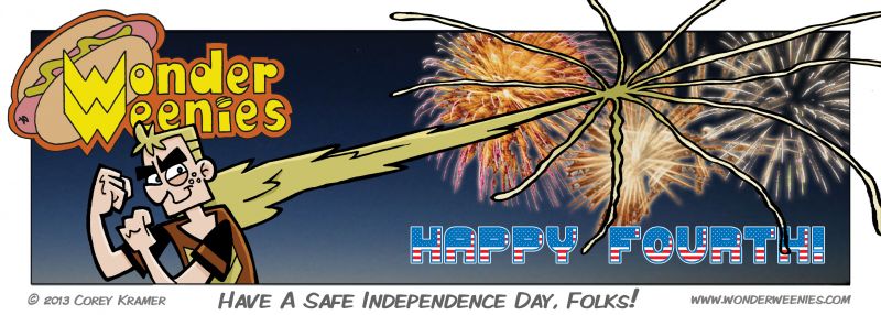 Wonder Weenies :: Be safe as you fire off them fireworks, everyone! Remember- only Frank's hand will grow back!