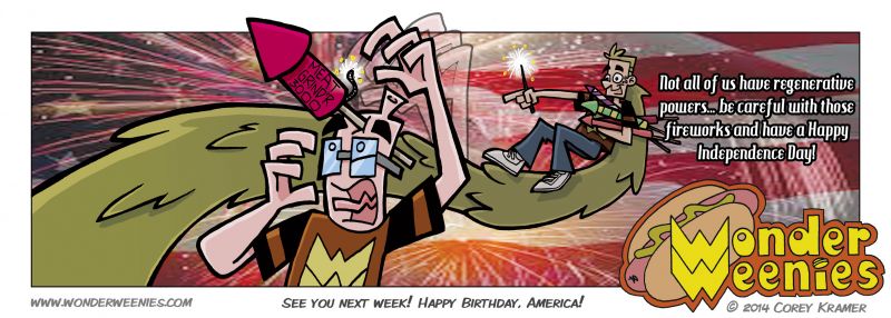 Wonder Weenies :: Okay, so perhaps showing an image of a bottle rocket about to be launched from a superheroes skull may not be the best way to promote fireworks safety...but I don't want anyone losing any fingers out there this weekend. Don't worry about Frank... his head will grow back. It usually does.