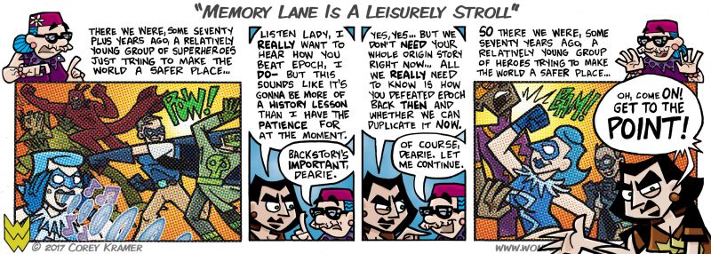 Wonder Weenies :: I really like the layout of today's strip.  And, in case you're wondering, YES I did name the random villains in the flashback portion of today's strip. They are 'The Yellow Kid,' 'Green Skeleton,' and 'Purple Pizazz.' What can i say? There were a lot of old timey super heroes and villains that references a color in their name.